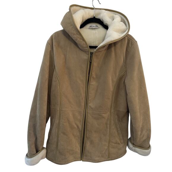 Maurices Vintage Tan Suede~White Fur Jacket/Coat Zip Up Y2K Hooded Women’s Large - Picture 1 of 11